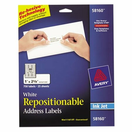 AVERY 58160 1'' x 2 5/8'' White Repositionable Mailing Address Labels, 750PK 15458160